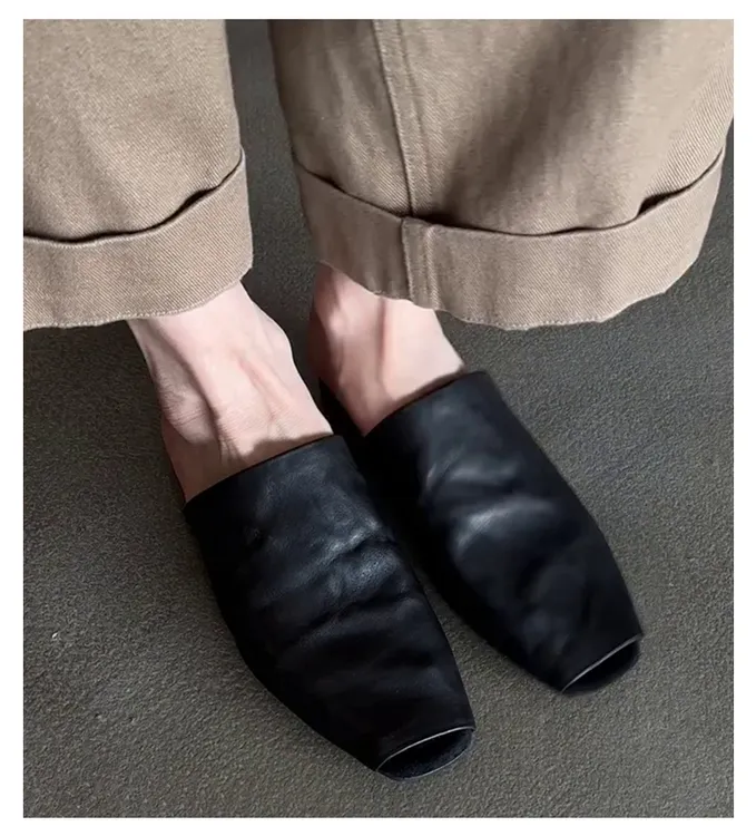 全牛皮方头拖鞋女2025夏季新款包头半拖外穿皮拖轻奢百搭穆勒鞋女