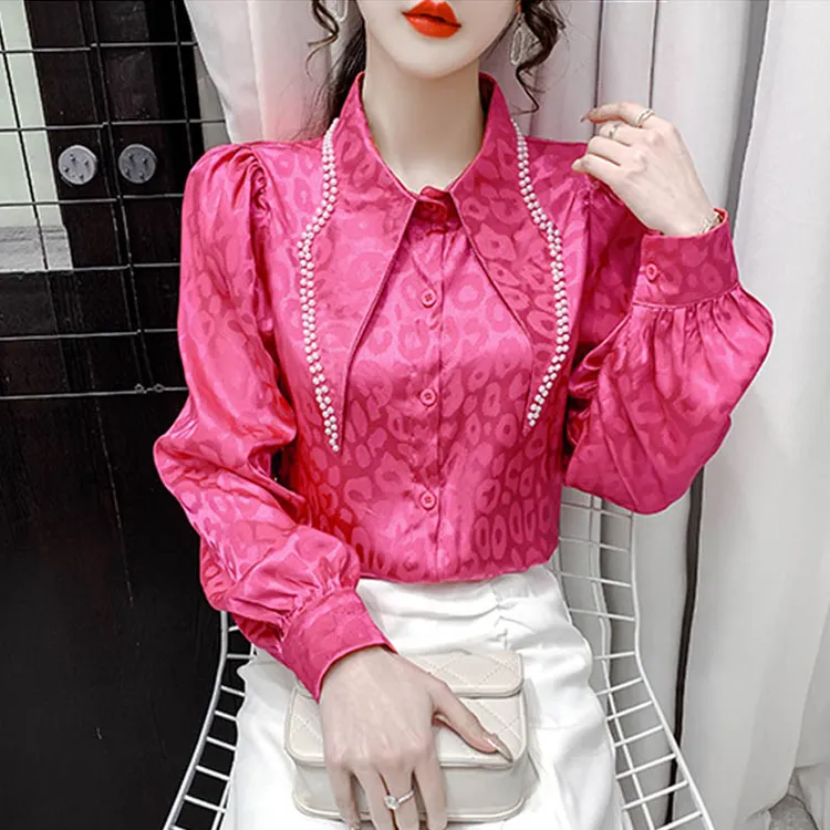 秋装新款韩版时尚豹纹提花衬衫女别致镶钻尖领泡泡袖小衫上衣潮