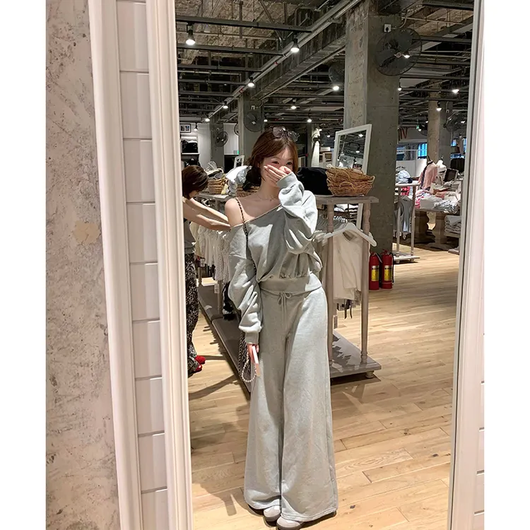 MARIE.COCO慵懒休闲简约灰色一字领斜肩长袖上衣女秋季阔腿休闲裤