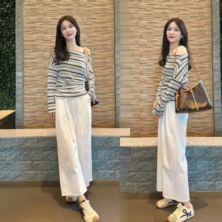 纯欲慵懒风女装秋季新款微露肩性感宽松条纹长袖上衣阔腿裤一整套