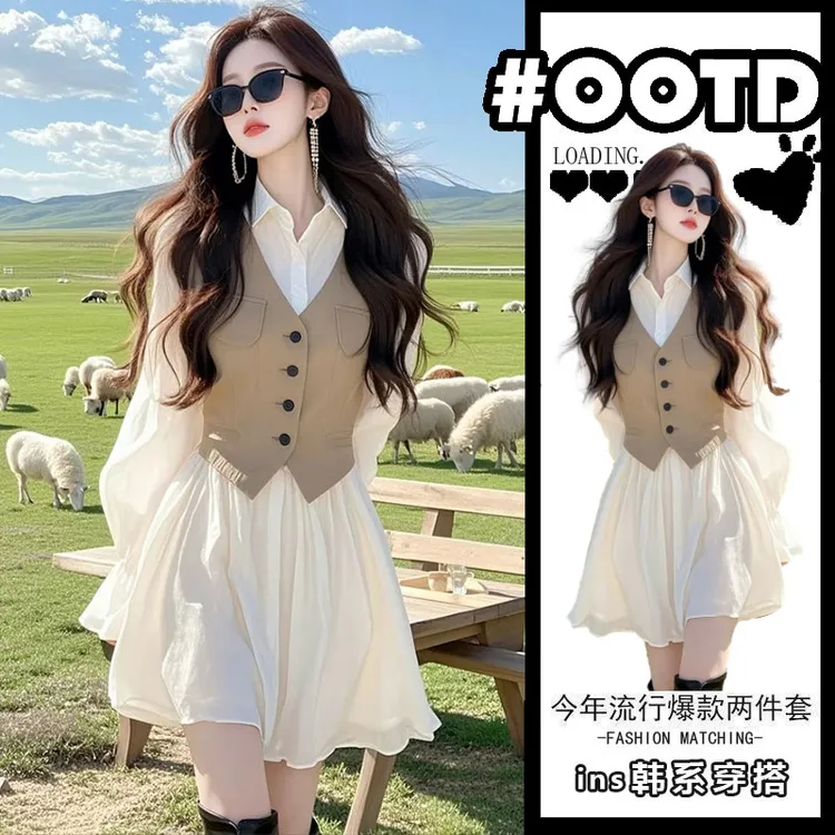 2025春装新款法式高级感漂亮独特气质海边度假白色假两件连衣裙子