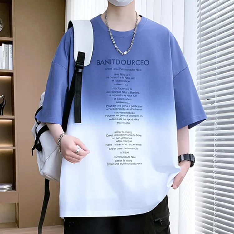 秋季短袖T恤男士青少年学生渐变潮牌半袖上衣服夏装男装宽松t体恤