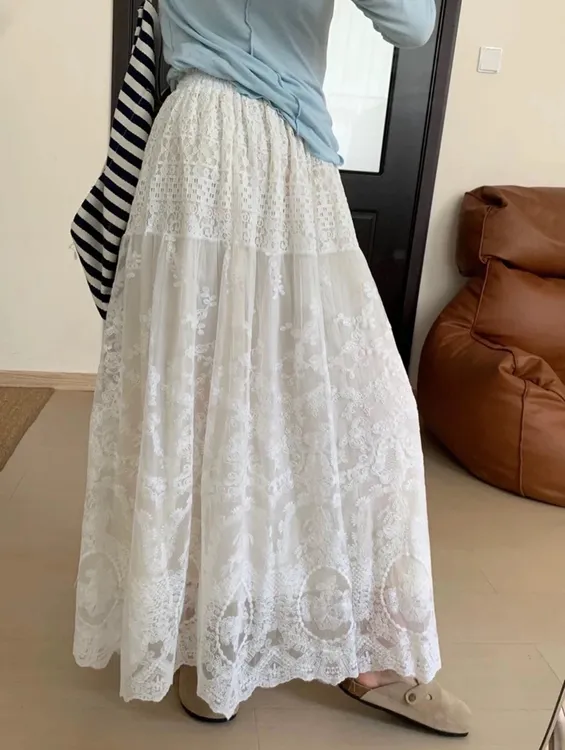 新中式高腰蕾丝半身裙纯色气质优雅长款A字裙