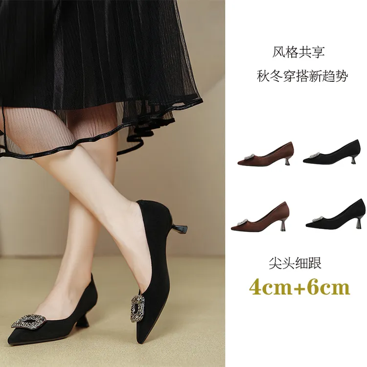 羊皮尖头秋冬女单鞋气质黑色欧美女士职业高跟鞋法式漆皮878-3