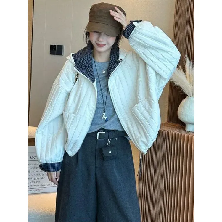 2025秋季新款韩版圆领长袖棉服外套女宽松百搭薄款棉衣夹克上衣潮