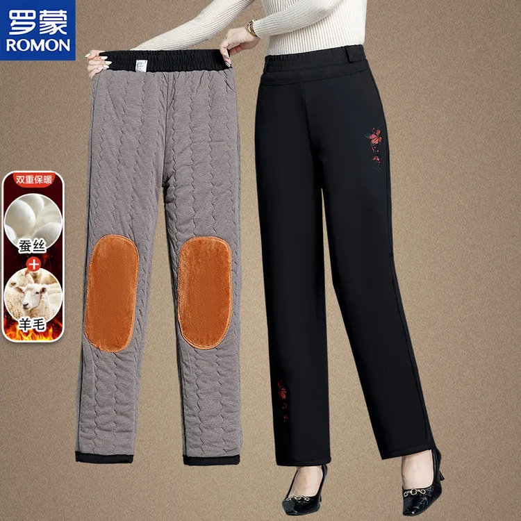 罗蒙中老年人女宽松直筒裤妈妈加绒加厚款棉裤秋冬季奶奶外穿长裤