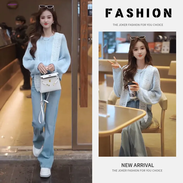 早春一整套女装2025新款韩版时尚披肩针织衫百搭时尚牛仔裤两件套