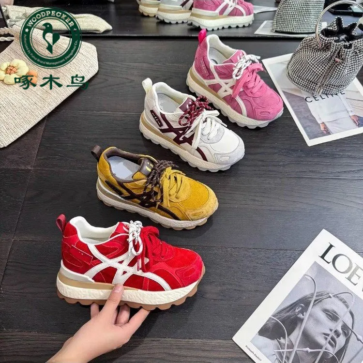 啄木鸟真皮8cm厚底德训鞋女2025秋季新款炸街阿甘鞋运动老爹鞋子