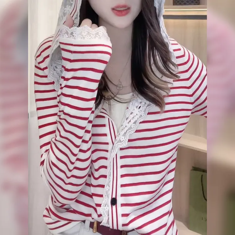连帽蕾丝拼接针织上衣显瘦2025早秋新款法式长袖单排扣开衫洋气女
