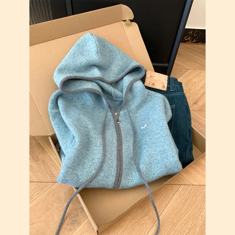 秋冬双拉链蓝色连帽针织开衫毛衣外套女士2025新款慵懒设计感上衣