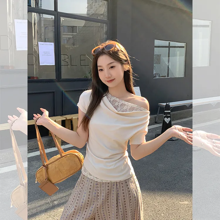 短袖t恤女新款夏天夏季蕾丝拼接荡领露锁骨收腰假两件显瘦上衣