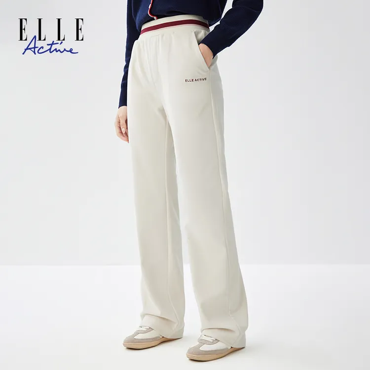 ELLE Active休闲运动直筒裤女撞色腰头特色长裤斜纹垂感高腰裤子