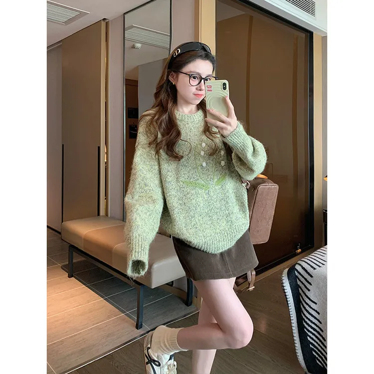 慵懒风通勤百搭圆领长袖毛针织衫女冬季新款高腰休闲短裙套装1336