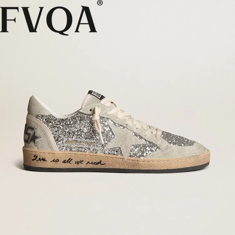 FVQA韩版做旧灰色星星小脏鞋女系带休闲平底银色亮片内增高脏脏板