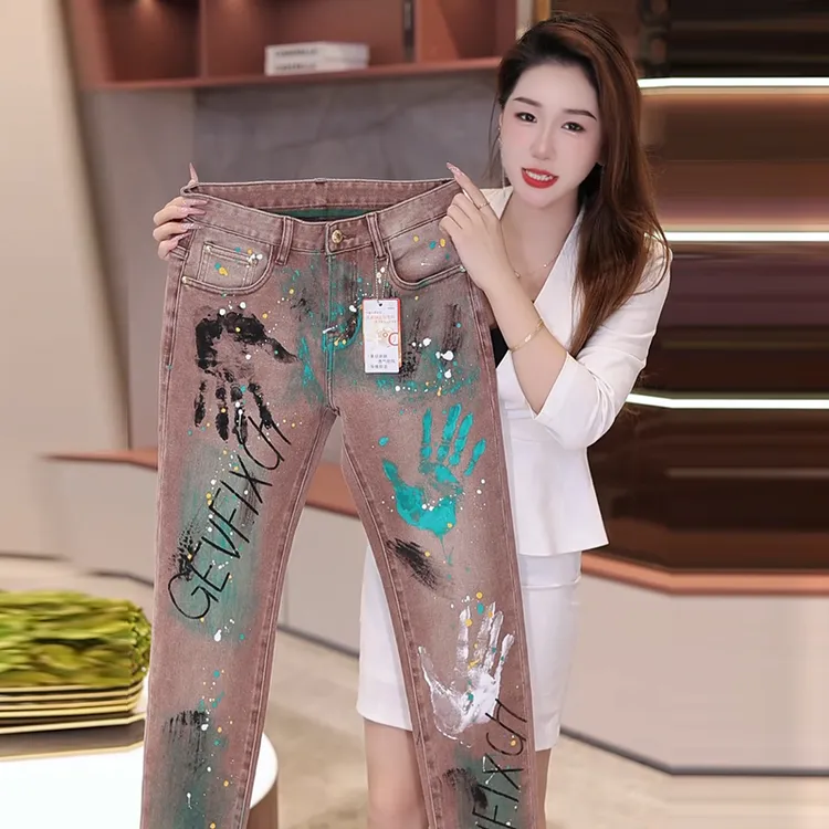 印花小直筒男涂鸦秋冬厚款牛仔裤高腰显瘦修身弹力百搭外穿裤子