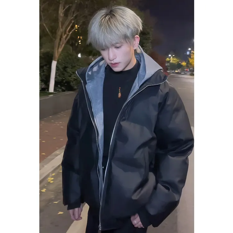 假两件PU皮拼接卫衣连帽棉服男冬季加厚保暖防寒棉衣外套港风宽松