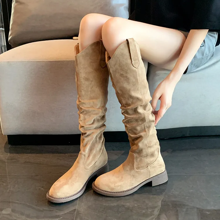 粗腿大筒围长靴胖mm高筒靴堆堆靴秋冬新款西部牛仔大码女靴