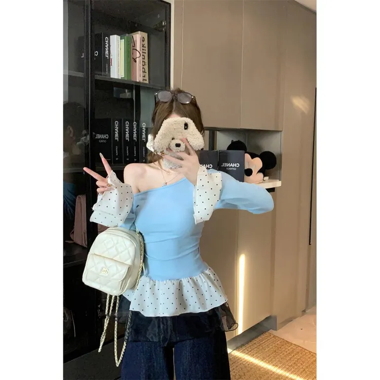 艺等现货~2025秋季新款拼接网纱波点斜肩打底衫长袖辣妹女上衣潮