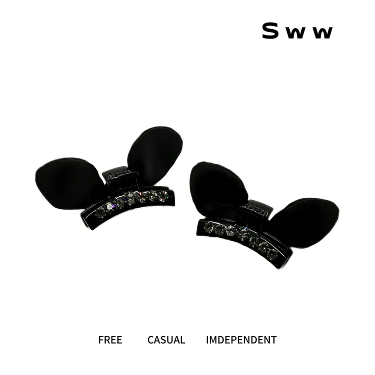 SWW水钻黑色ab面立体精致兔耳朵蝴蝶结刘海高颅顶碎发夹