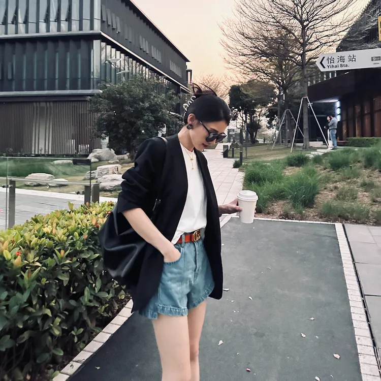 小乖逃X马吉黑色宽松百搭无领西装休闲薄款西服气质潮流106夏季