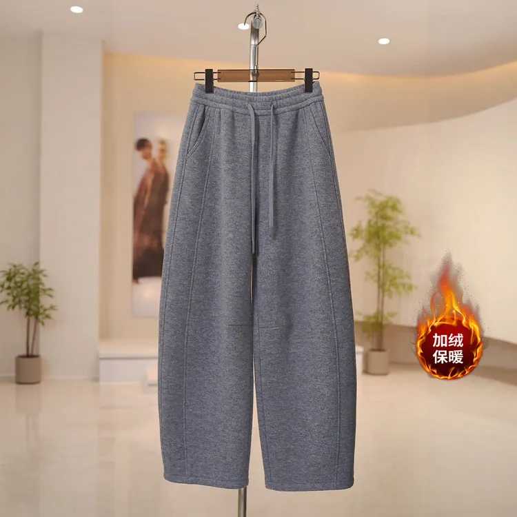 加绒羊毛阔腿裤女冬季保暖加厚高腰直筒宽松垂感毛呢弯刀香蕉裤子