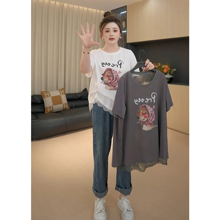 【胖佳佳】现货~素描小狗 短袖T恤夏秋时尚蕾丝拼接上衣H625Y12584