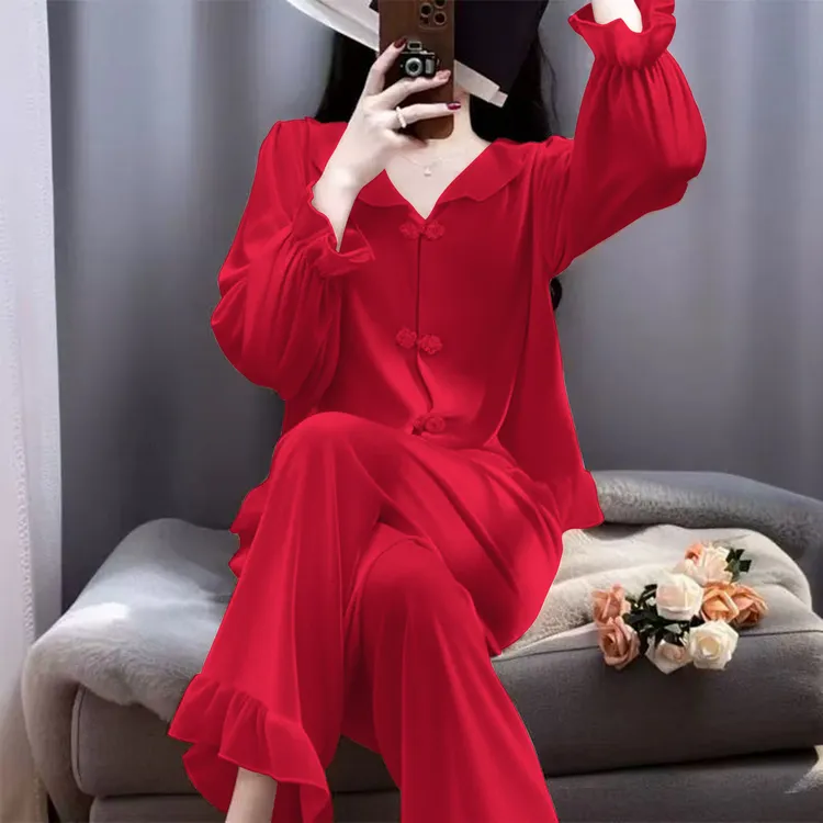 金丝绒睡衣女春秋高级感红色本命年新婚开衫新中式国风家居服套装