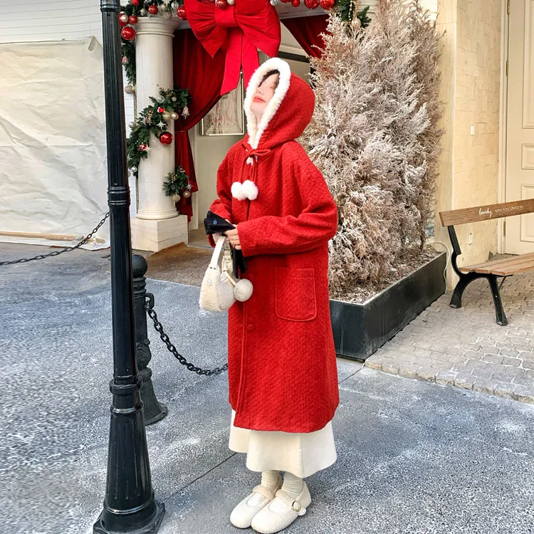 圣诞新年红夹棉毛呢外套2025冬季新款复古韩系氛围感加厚呢子大衣