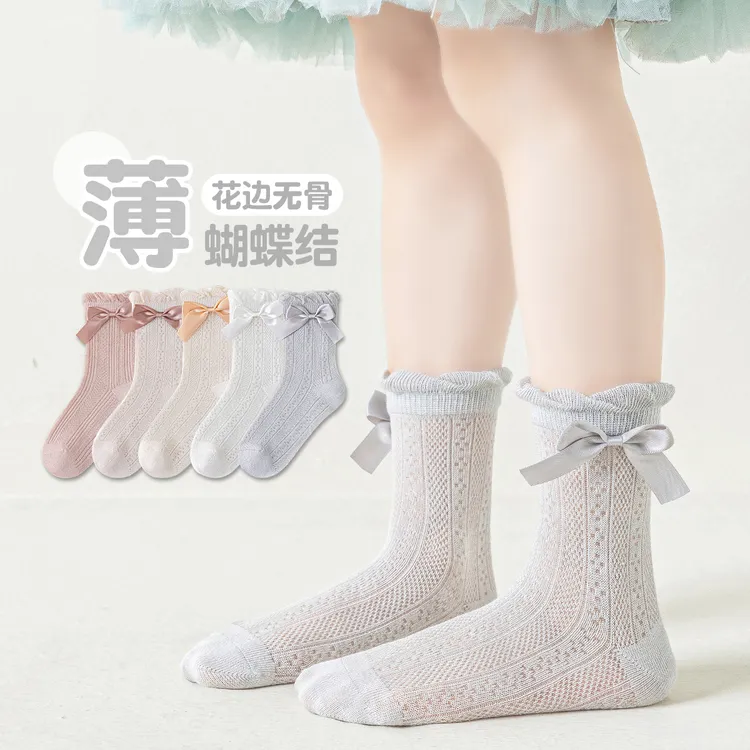 【儿童袜子无骨网眼】夏季薄款蝴蝶结花边袜女童公主袜春夏薄款袜子