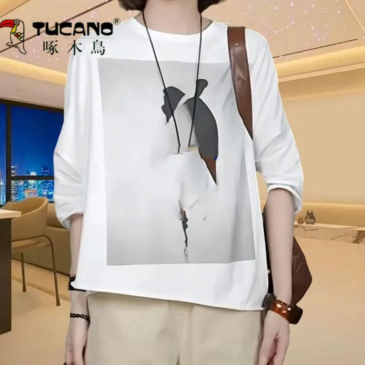 啄木鸟卷底薄款防晒慵懒克松白色印花七分袖t恤女休闲气质上衣