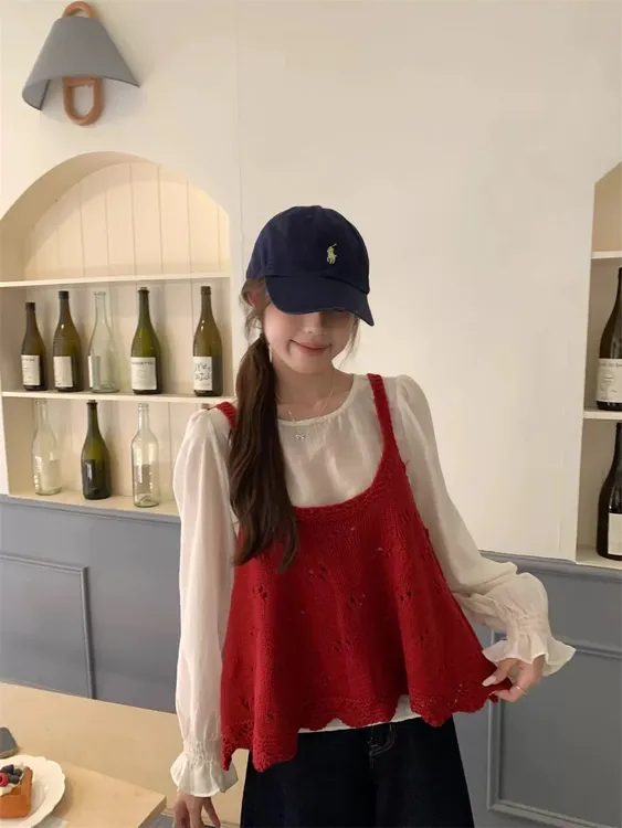 气质甜美叠穿镂空针织吊带背心减龄长袖衬衫女百搭时尚套装潮