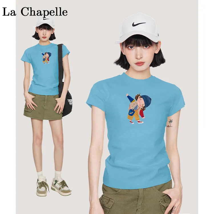 拉夏贝尔蓝色正肩短袖t恤女夏季2025新款美式短款修身半袖上衣