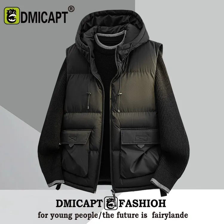 DMICAPT工装羽绒棉马甲男士2025秋冬季连帽加厚保暖宽松坎肩外套