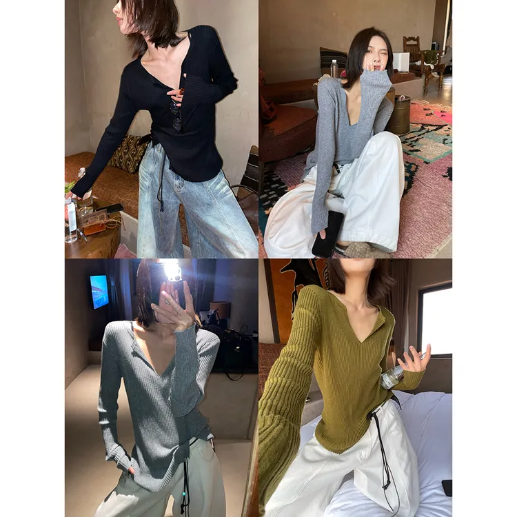 JCCC影子【琥珀/V领领域】三色羊毛V领开叉修身针织打底衫JE4IZS10