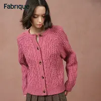 【Fabrique】 Celina 秋冬新品浆果粉绵羊毛粗棒针绞花法式针织开衫