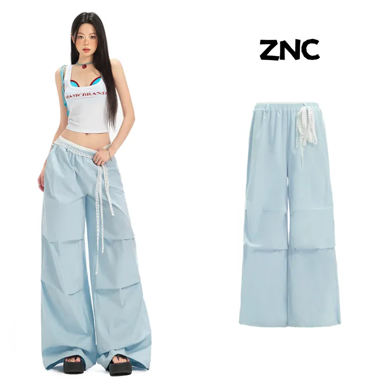 蓝色高腰休闲工装裤女2025春夏新款蕾丝系带垂感百搭速干伞兵裤