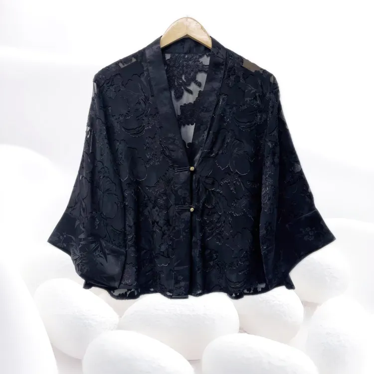 【剪花绡防晒上衣】100%桑蚕丝莨纱开衫凉爽手工盘扣长袖衫dz040