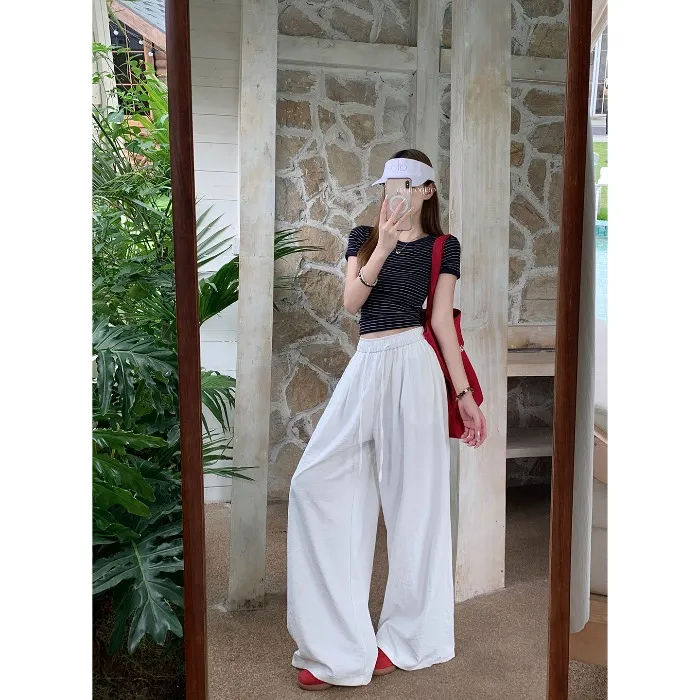 白色抽绳阔腿休闲裤女夏季垂感宽松直筒裤子弹力高腰显瘦拖地长裤