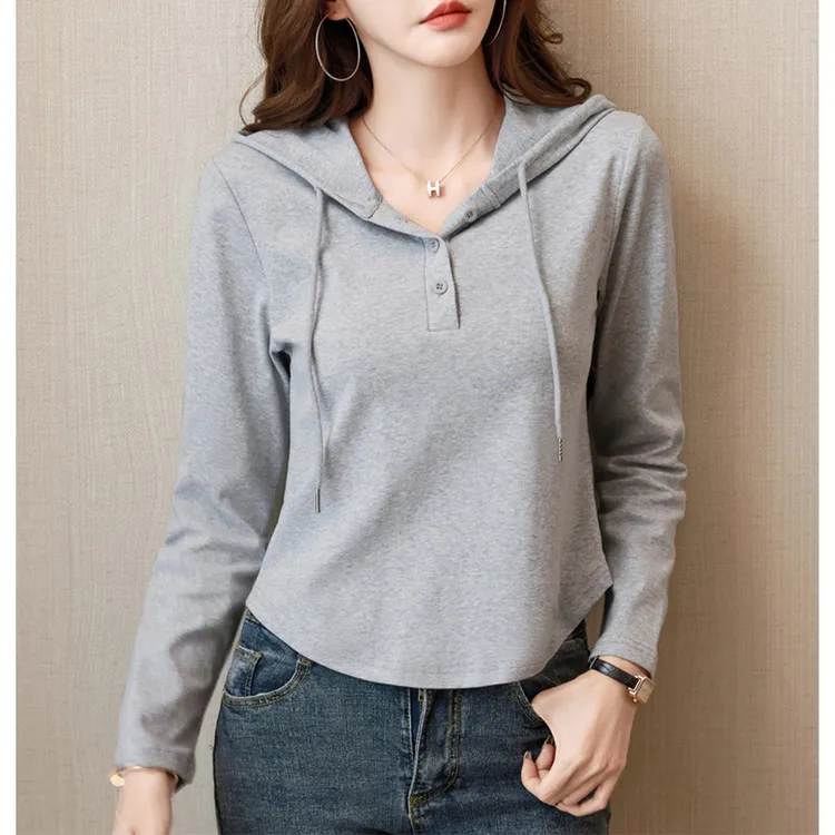 纯棉连帽长袖t恤女短款上衣2025春秋显瘦洋气薄款卫衣打底帽衫潮