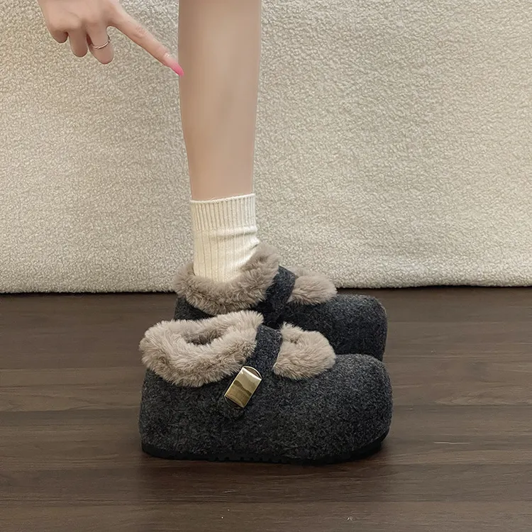 厚底时尚毛绒勃肯鞋女2025冬外穿新款加绒保暖舒适雪地靴毛毛短靴