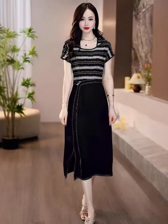 F503 高端精致气质连衣裙女2025年夏季新款洋气减龄中长款中裙子