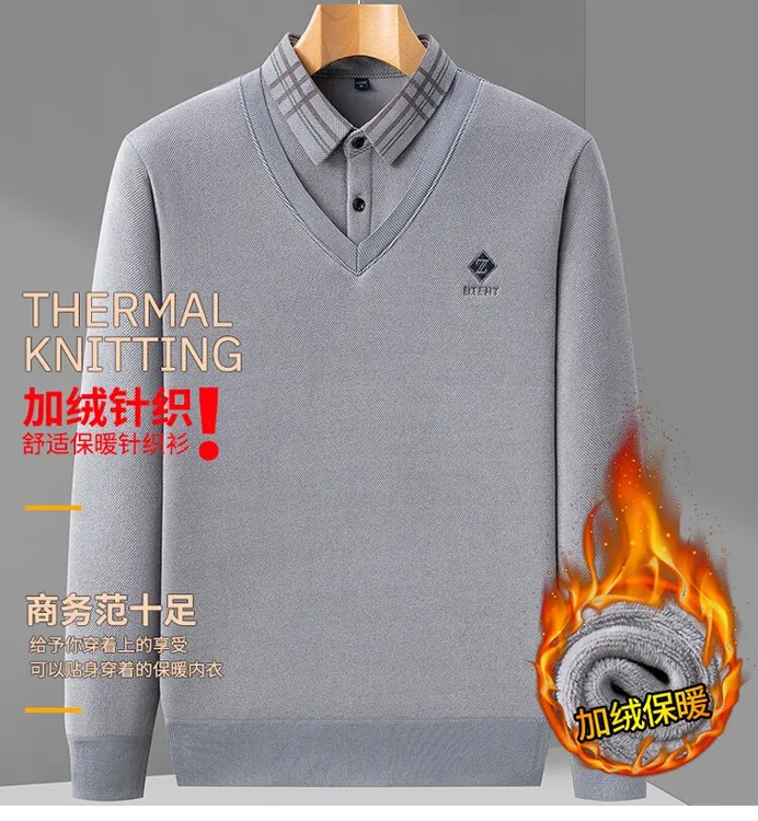 培蒙超柔加绒加厚中年保暖翻领假两件绵羊毛桑蚕丝新款男士毛衣
