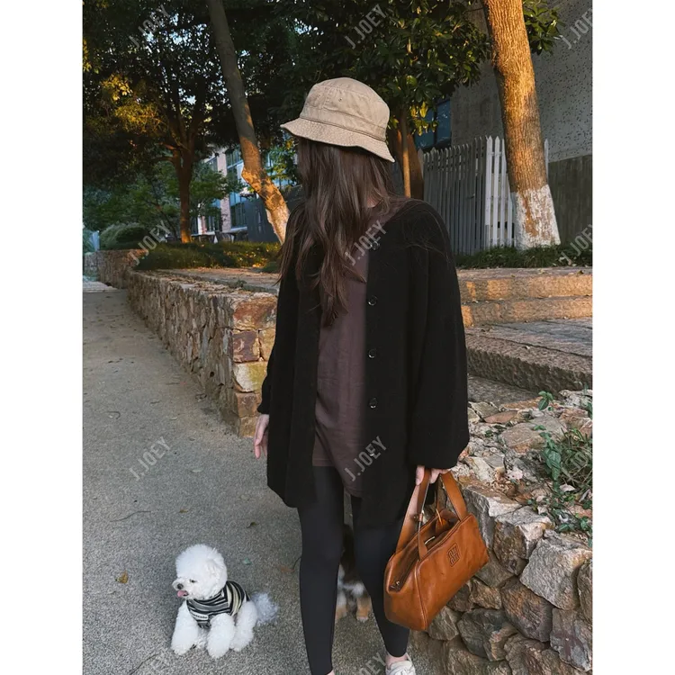 J.JOEY ”康宝莱“黑色羊毛开衫宽松款时尚百搭羊绒开衫外套 C50933