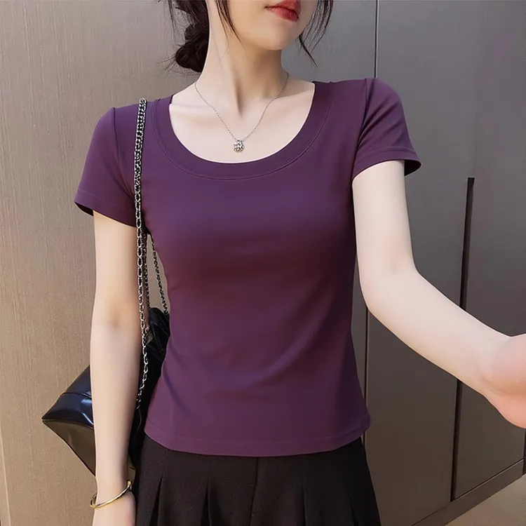 亲肤透气正肩U领短袖t恤女夏季新款短款减龄上衣服显瘦修身打底衫