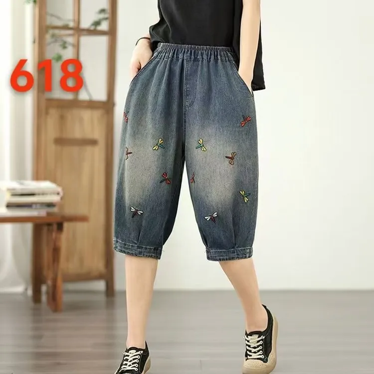 夏季复古刺绣牛仔六分裤女超薄宽松大码束脚五分中裤夏季薄款马裤