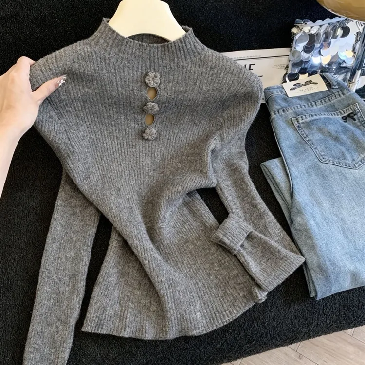 【80-200斤】半高领镂空针织衫女秋冬季高级感洋气修身显瘦内搭上衣