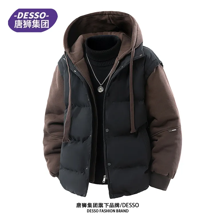 唐狮集团DESSO假两件连帽棉服外套男冬季加厚保暖青少年冬装棉衣