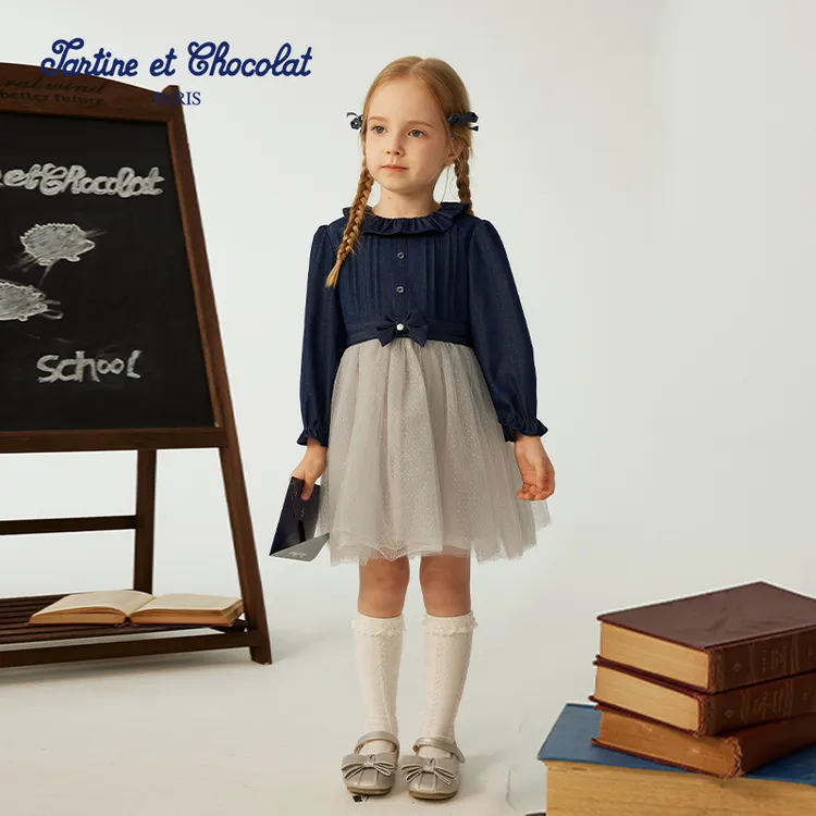 TC法国巧克力童装25新品女童牛仔圆领拼接连衣裙CIOJF8941T