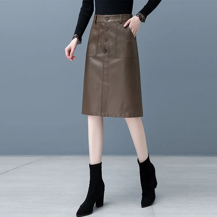 啄木鸟PU皮裙女a字裙秋冬中长宽松显瘦包臀一步裙高腰半身裙子