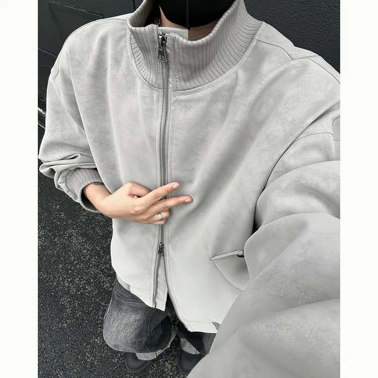 美拉德咖色短款皮衣外套男女秋季立领飞行夹克美式复古机车夹克